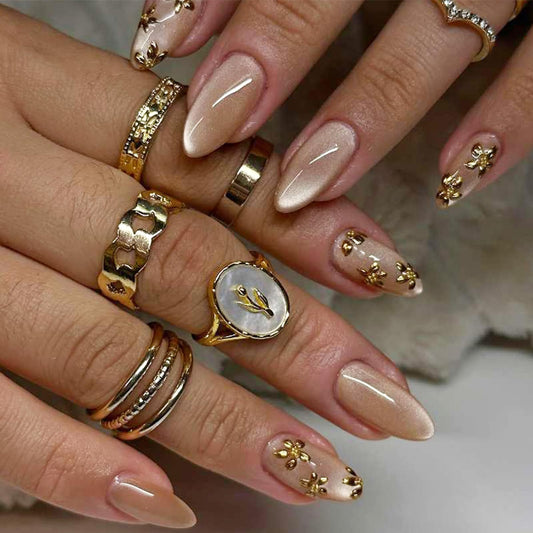 Almond Press on Nails Medium Fake Nails with Designs Gold Flower Stick on Nail Glitter Acrylic False Nail Cute Artificial Nail Press ons Glossy Full Cover Glue on Nails for Women 24Pcs