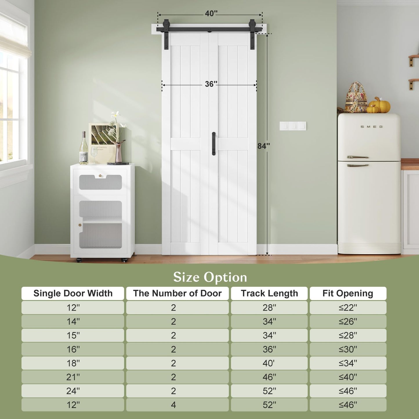 Finosen Bifold Barn Door 36 x 84 in (Double 18 inch)，Bi-fold Sliding Closet Doors with Hardware Track kit Included, 3.3ft Rail for 2 Doors, MDF Wood Panel,PVC Surface, Save Space,DIY Assembly, White