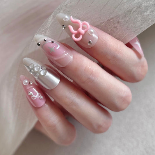 24 Pcs Y2K 3D Press on Nails Almond Shape Pink Fake Nails with Flower Nail Charms 3D Bow Almond Shape False Nail Full Cover