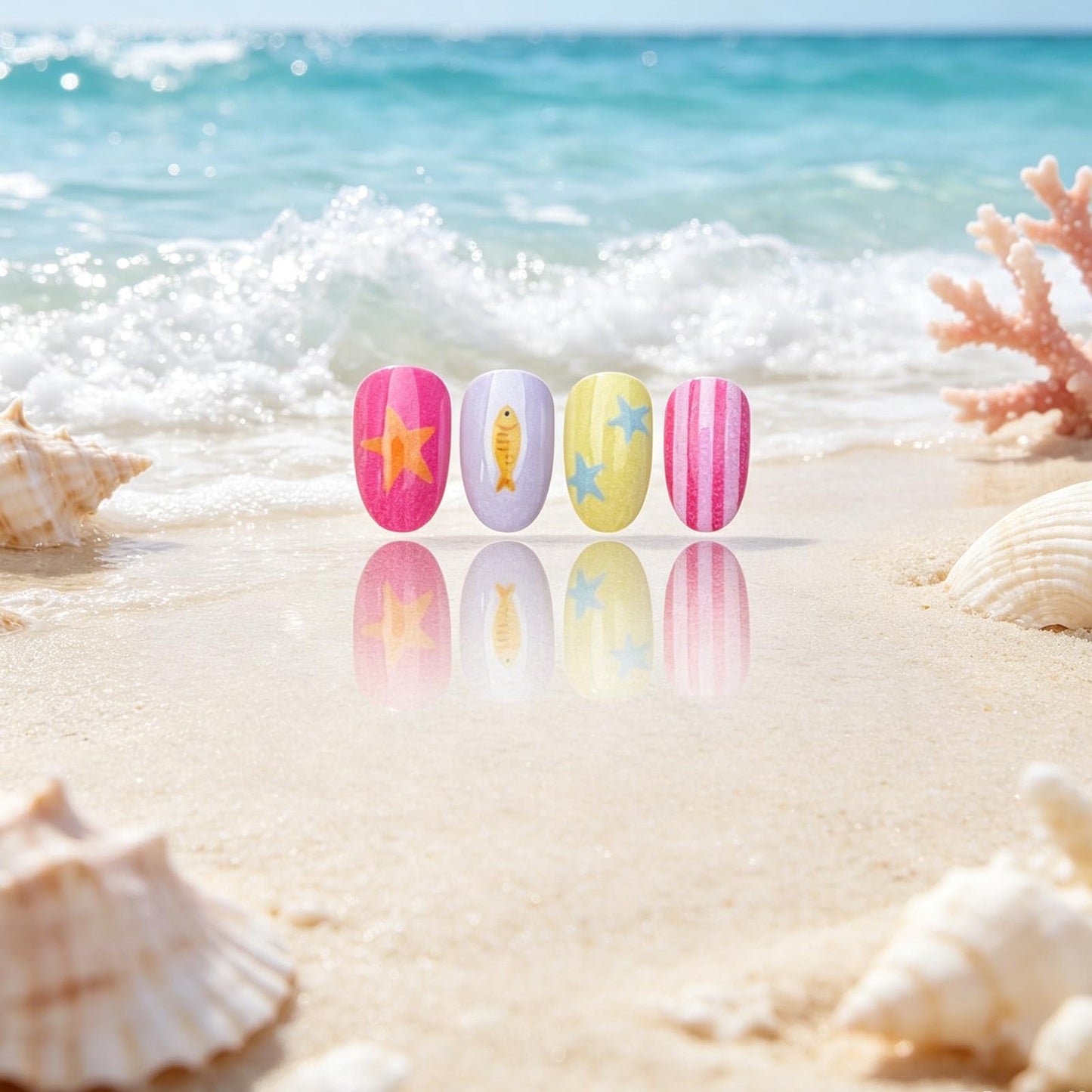 Ocean Press on Nails Short Oval, Cute Fish False Nails, Glossy Colorful Pink Star Fake Nail Polka Dot Glue on Nail, Yellow Striped Stick on Reusable Acrylic Fingernails for Women Summer Beach