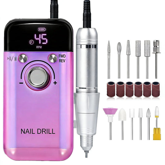 TWOEIGHT Electric Nail Drill Machine 45,000RPM - Professional Electric and Rechargeable Nail Drill with LCD Display, 12 Bits , Low Heat Quiet E-File for Acrylic Gel Nails - Salon & Home Use
