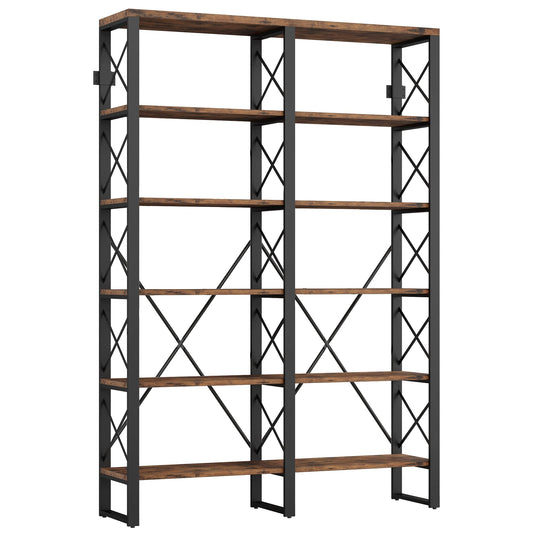 IRONCK Bookshelf Double Wide 6-Tier 76" H, Open Large Bookcase, Industrial Style Shelves, Wood and Metal Bookshelves for Home Office, Easy Assembly