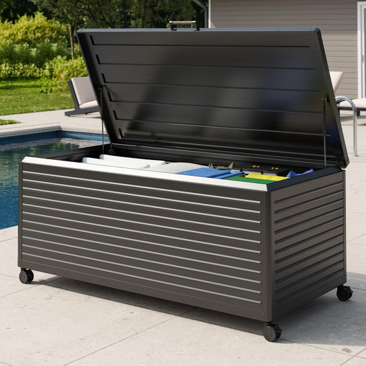 MIRADOR 281 Gallon Outdoor Storage Box with Wheels & Soft-Close Lid, Waterproof Metal Deck Box for Patio Cushions, Garden Tools & Pool Accessories, Charcoal