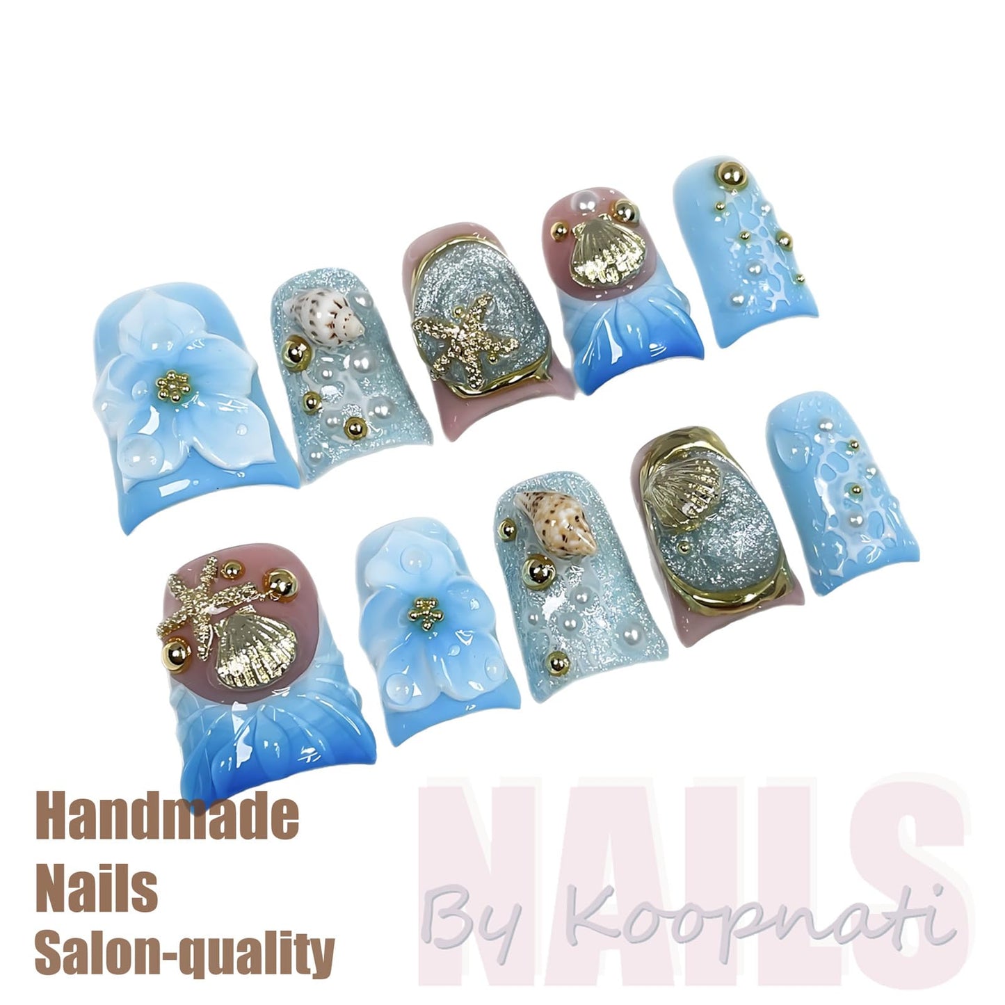 Summer Press On Nails Beach Handmade Press Ons 3D Nail Art Press Ons Homemade Press On Nails French Tip With 3D Design Summer Flower Fake Nail For Women M