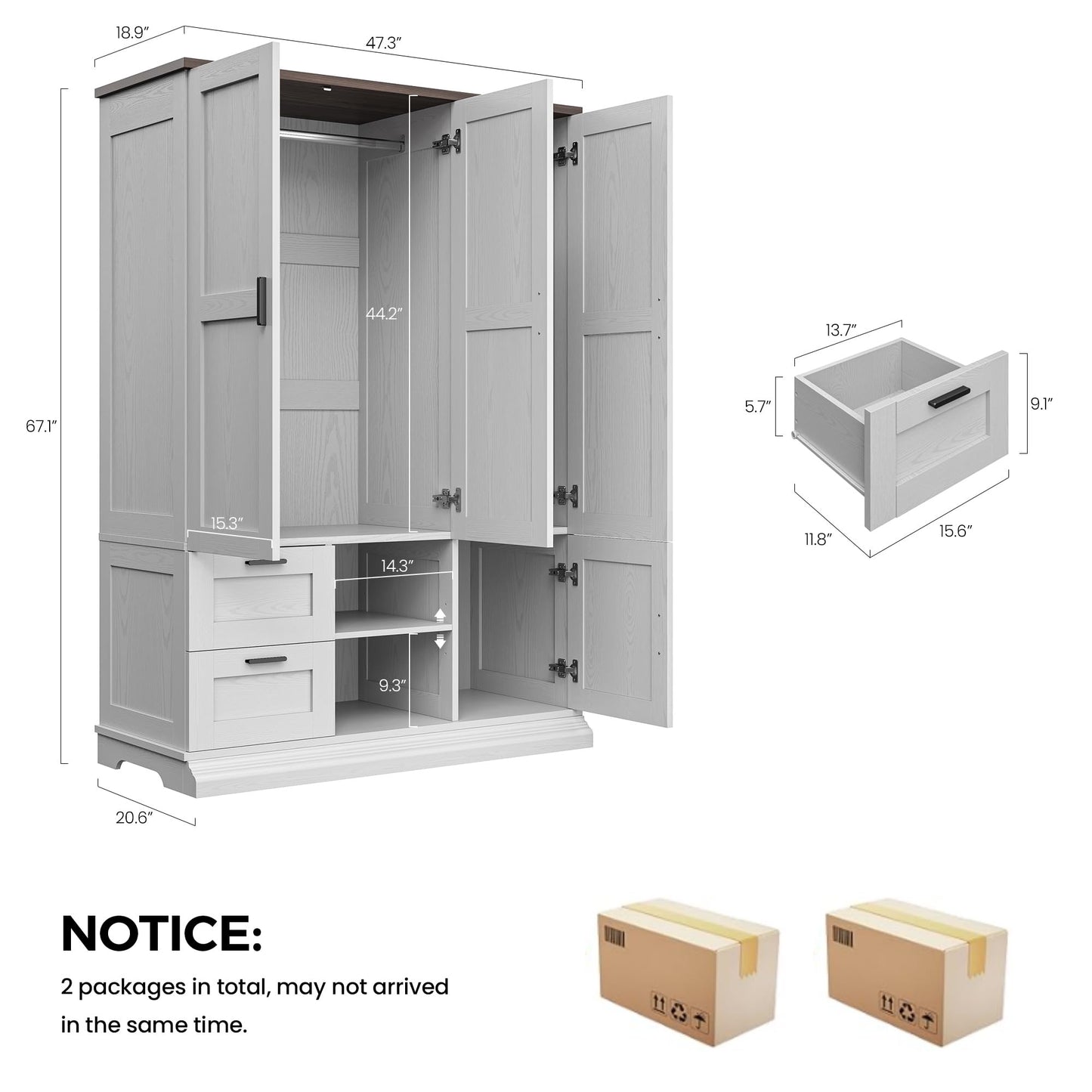 IRONCK Wardrobe Closet with 2 Drawers, 2 Hanging Rods, 3 Doors Wooden White Wardrobe, Large Freestanding Closet Bedroom Armoire Cloth Storage Cabinet for Couples, Easy Assembly, Rustic White