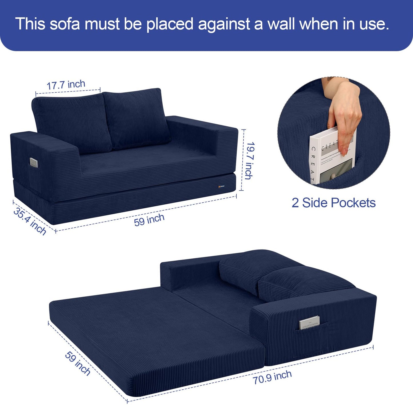COMAX Convertible Sofa Bed Queen, Folding Fold Out Couch Bed, Floor Futon Couch Corduroy with Back Pillows, Boneless Sofa Comfy Lounge Sleeper Mattress Loveseat for Living Room Bedroom, Navy Blue