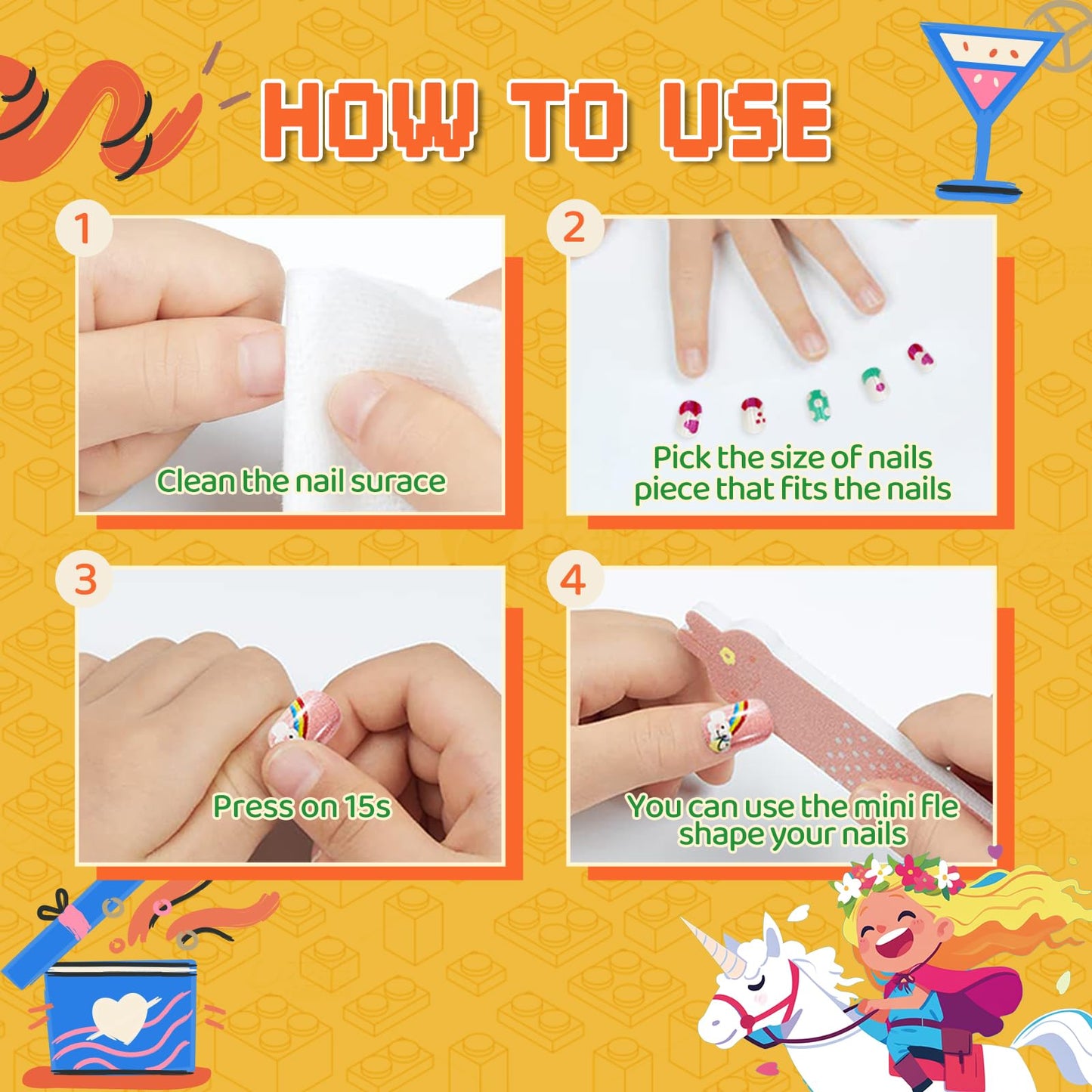 240PCS Kids Press on Nails with Glue Cute Pre glue False Nails for Children Girls Long lasting Quick Stick on Full Cover Acrylic Nail Kit for Girls Kids Gift DIY Nail Art Decor (Candy Unicorn)