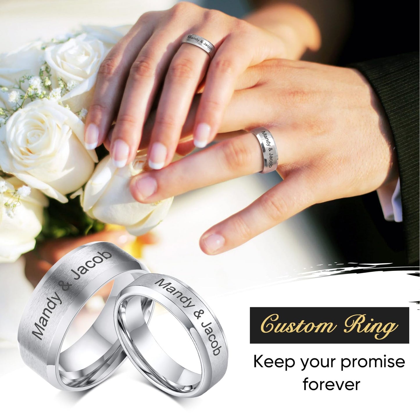 VNOX Customize Personalized Name Date LOVE 8MM Stainless Steel Simple Matte Brushed Finish Wedding Band Engagement Rings for Men Women,Size 8,Silver