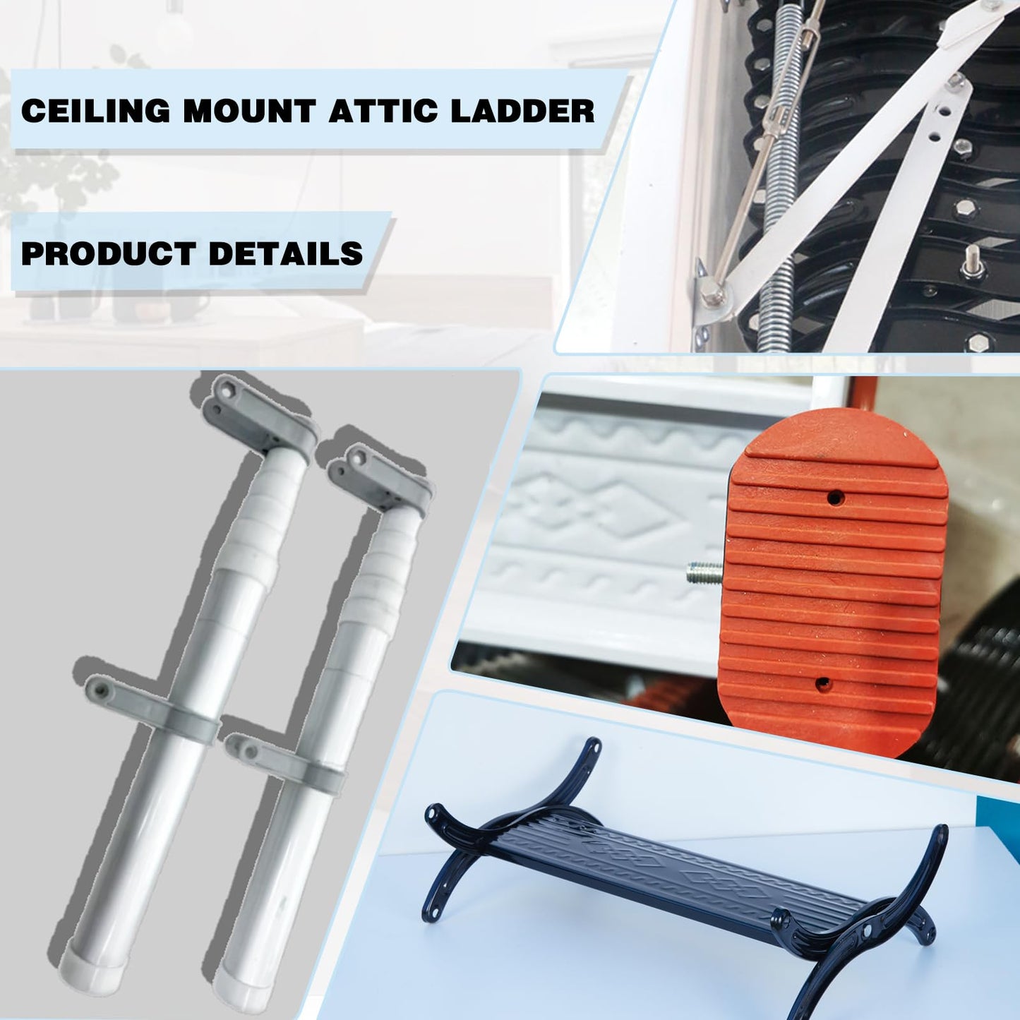 12 Steps Ceiling Mounted Attic Ladder, Retractable Pull Down System Attic Stairs, Telescopic Loft Stairs with Pull Rod, Ceiling Folding Loft Ladder with Handrail for Basement (White, Steps 12)