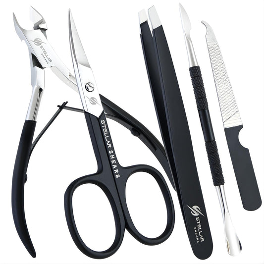 Stellar Shears 5-in-1 Cuticle Trimmer Set – Professional Cuticle Nipper, Scissors, Pusher, Tweezer & Nail File – Stainless Steel Manicure Pedicure Kit for Women, Salon & Home Nail Care (Matte Black)