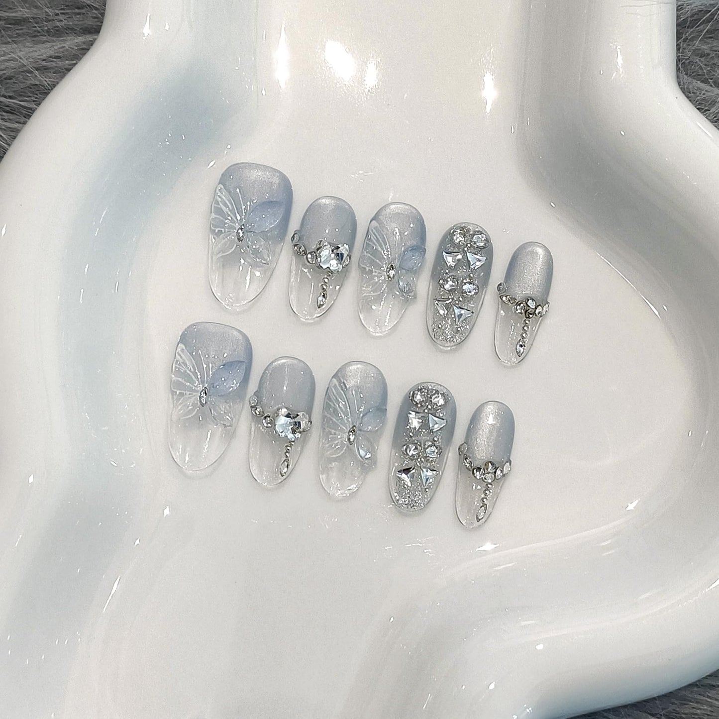 TENPAL Cat Eye Press on Nails 10Pcs Full Kit - Short Oval Icy Ocean Gradient False Nails, 3D Butterfly Rhinestone Spring Summer Fake Nails, Ethereal Glue on Nails for Girls Glitter Shimmer Design(S)