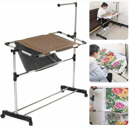Adjustable Needlework Floor Frame, for Embroidery and Cross Stitch, Standing Craft Stand and Lap Table for Sewing and Art, Convenient Holder for DIY Projects~/