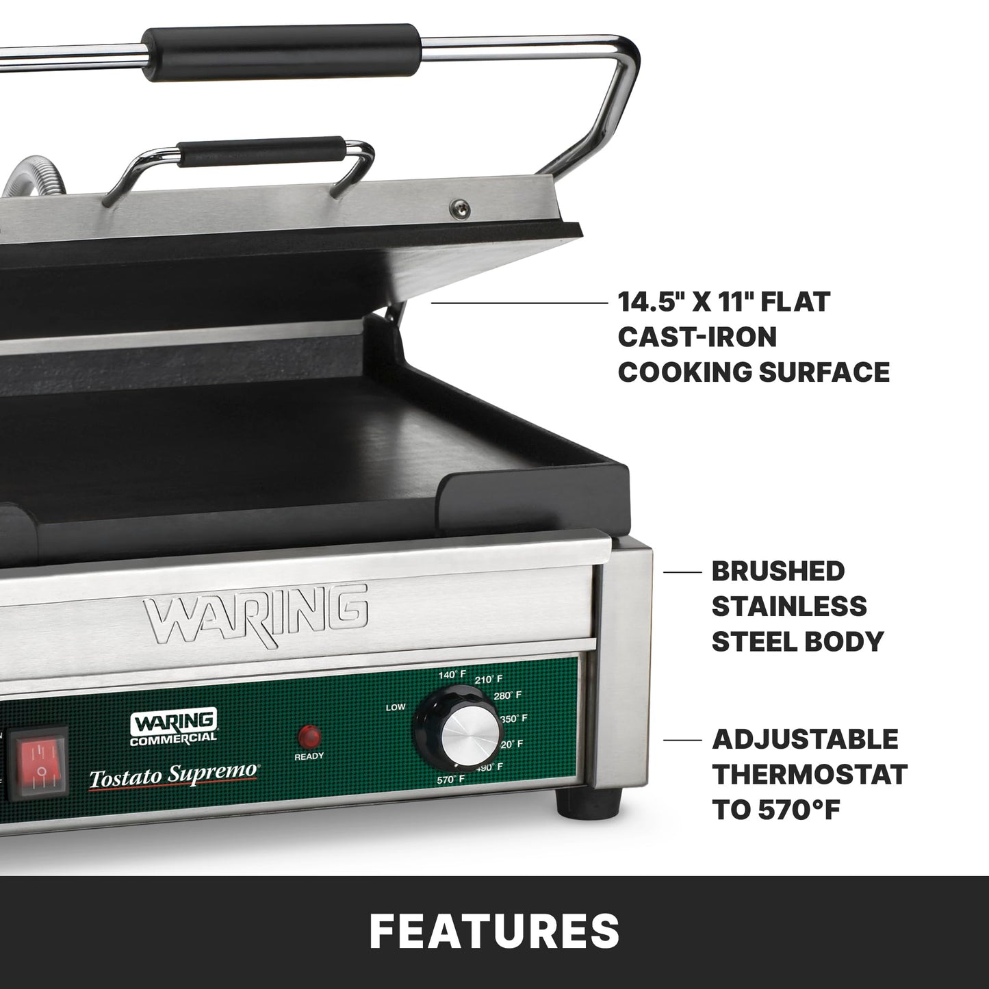 Waring Commercial WFG250 Tostato Supremo® Large Flat Toasting Grill, 120V, 1800W, 5-15 Phase Plug, Silver