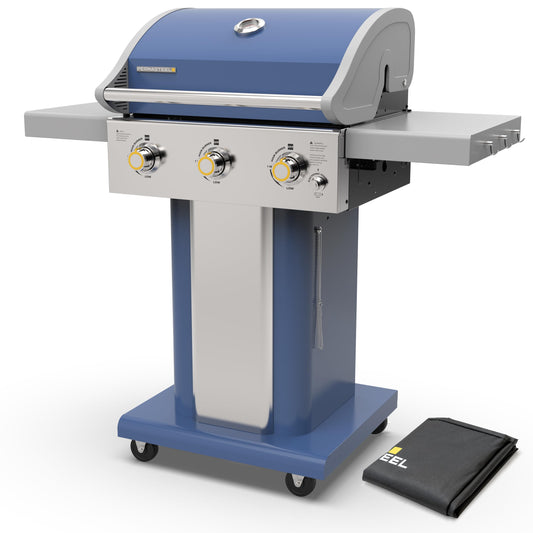 Permasteel 3-Burner Propane Gas Grill, 30,000 BTUs BBQ Grill with Cast Iron Grates, Foldable Side Tables & Tool Hooks, Outdoor Grill, Azure + Bonus Cover