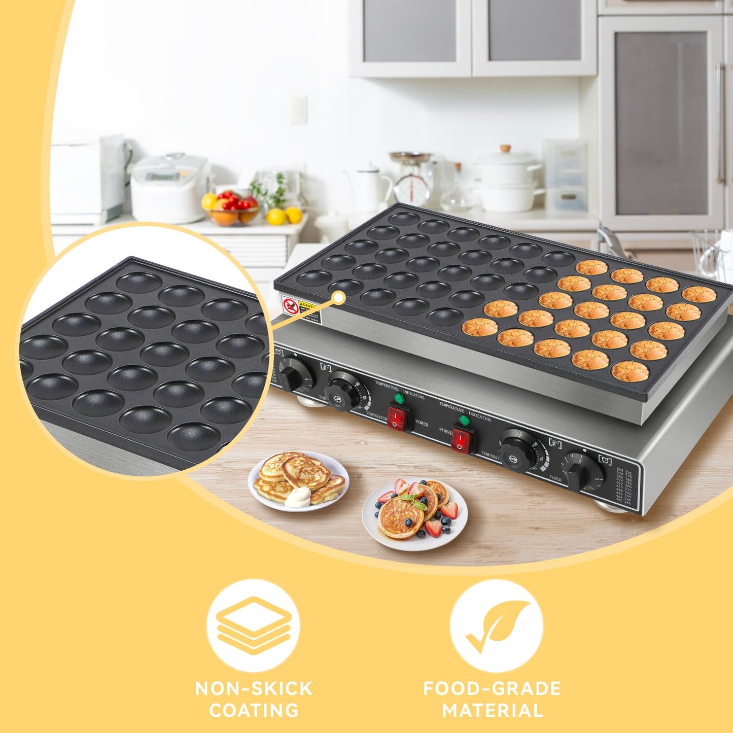 Mini Dutch Pancake Maker 50 Pcs, 1800W Commercial Pancake Machine Stainless Steel Poffertjes Grill Nonstick for Restaurant & Home Use