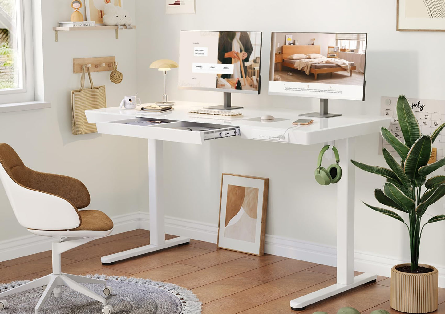 YDN Glass Standing Desk with Drawers, 48 x 24 Inch Electric Stand Up Desk with USB Ports, Adjustable Height for Home Office, White