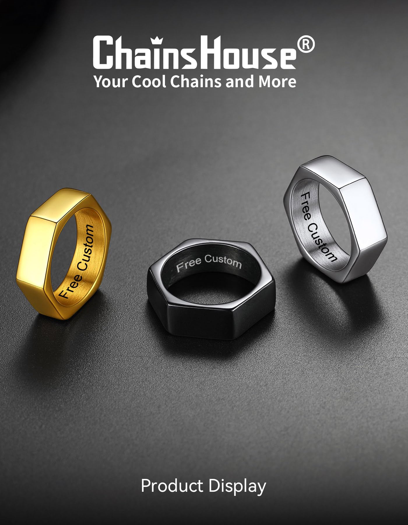 ChainsHouse Personalize Simple Band Rings 18K Gold Plated Geometric Hexagon Biker Ring for Men Women, Size 12