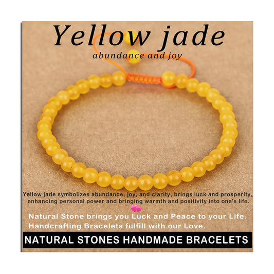 AD Beads 4mm Yellow jade Bracelet - Stone of abundance and joy - Handmade Natural Stone Crystal Bracelet with Adjustable Macrame String - Yoga Healing Power Energy Gifts for Men and Women