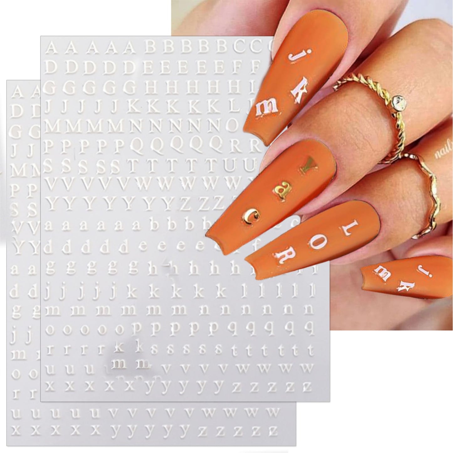 IDDFEVE 8 Sheets Letter Nail Art Stickers - 3D English Alphabet Nail Decals for DIY Metallic Gold Silver Acrylic Manicure Holographic Nail Decorations