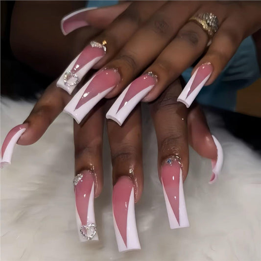 SEENEEY Long Curved Press on Nails White Fake Nails French Artificial Nail Glossy Stick on Nail for Women 24pcs