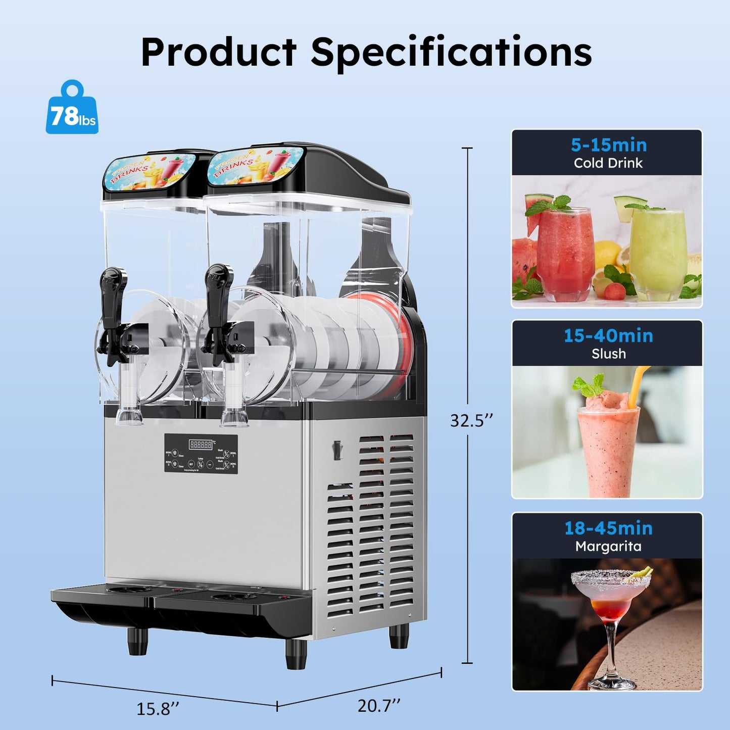 8Gal/30L Commercial Slushy Machine,Independently Control 2 Tank's Temp,5-45 Minutes to Make Margarita & Slushie & Cold Drink,Built-in LED Light,110V Professional Frozen Drink Maker with Self-cleaning