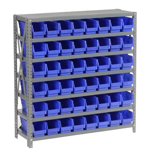Global Industrial 7 Shelf Steel Shelving with (48) 4" H Plastic Shelf Bins, Blue, 36" W x 12" D x 39" H, Single-Sided Open Shelving with 48 Plastic Shelf Bins