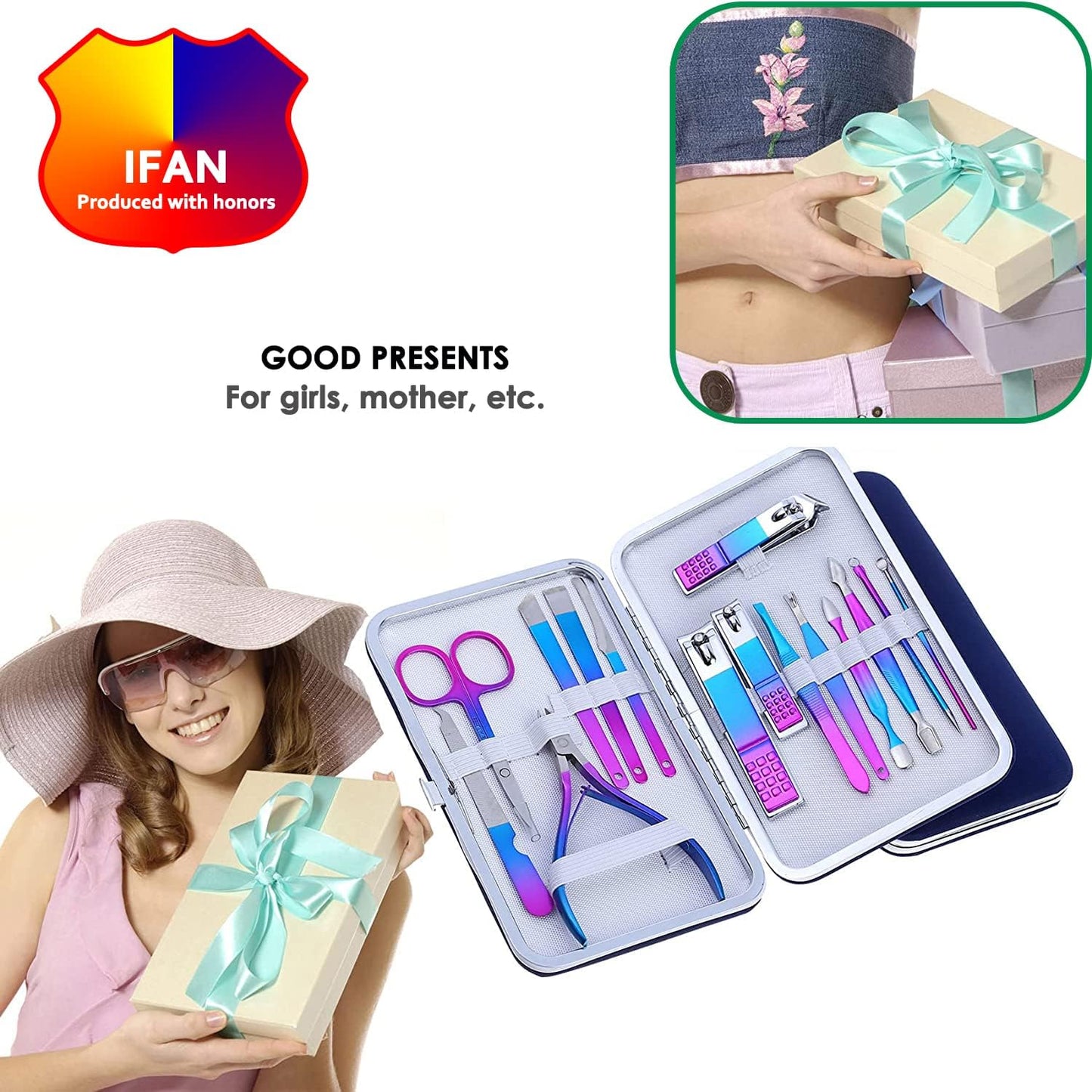IFAN™ Professional Nail Clipper Nail File Nail Cutter 12PCS in 1 Rainbow Stainless Steel Manicure Set Pedicure Combo Facial Care Tools for Household Travel Portable Gift for Women（12P）