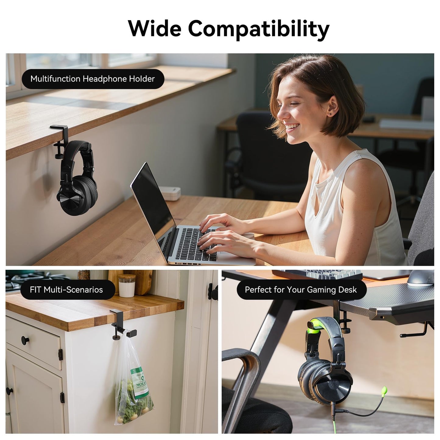 OneOdio MTL99 Foldable Headphone Stand, Metal Headset Holder Space-Saving Table Hook, Clamp-on Under Desk Hanger, Universal Fit Gaming Headphones Mount, Black