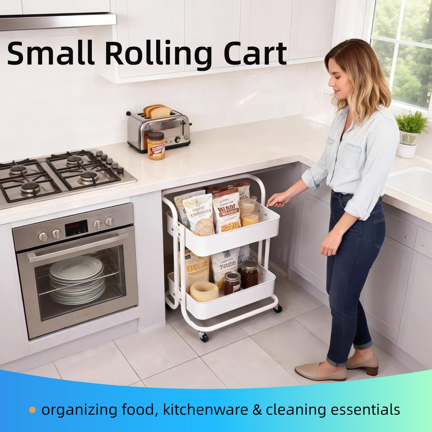 Ufriandz 2 Tier Cart with Wheels Under Desk Storage with Handle, Metal Rolling Pantry Cart for Kitchen White Small Rolling Basket for Laundry Room Bathroom, Utility Shelf Organizer for Small Space