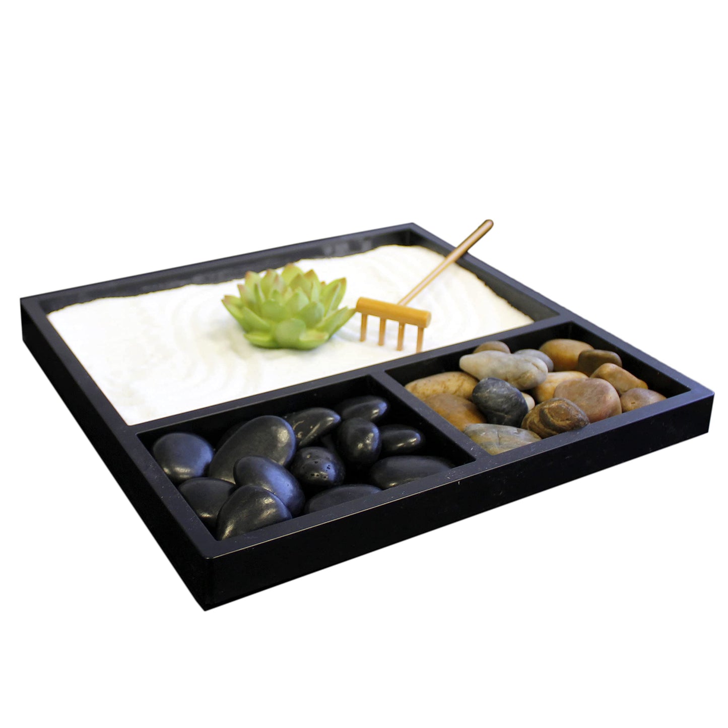 Nature's Mark Mini Zen Garden Kit for Desk with Rake, White Sand, Lotus Figure, 3 Sections Black Square Base, River Rocks and Black Rocks (9Lx9W C)