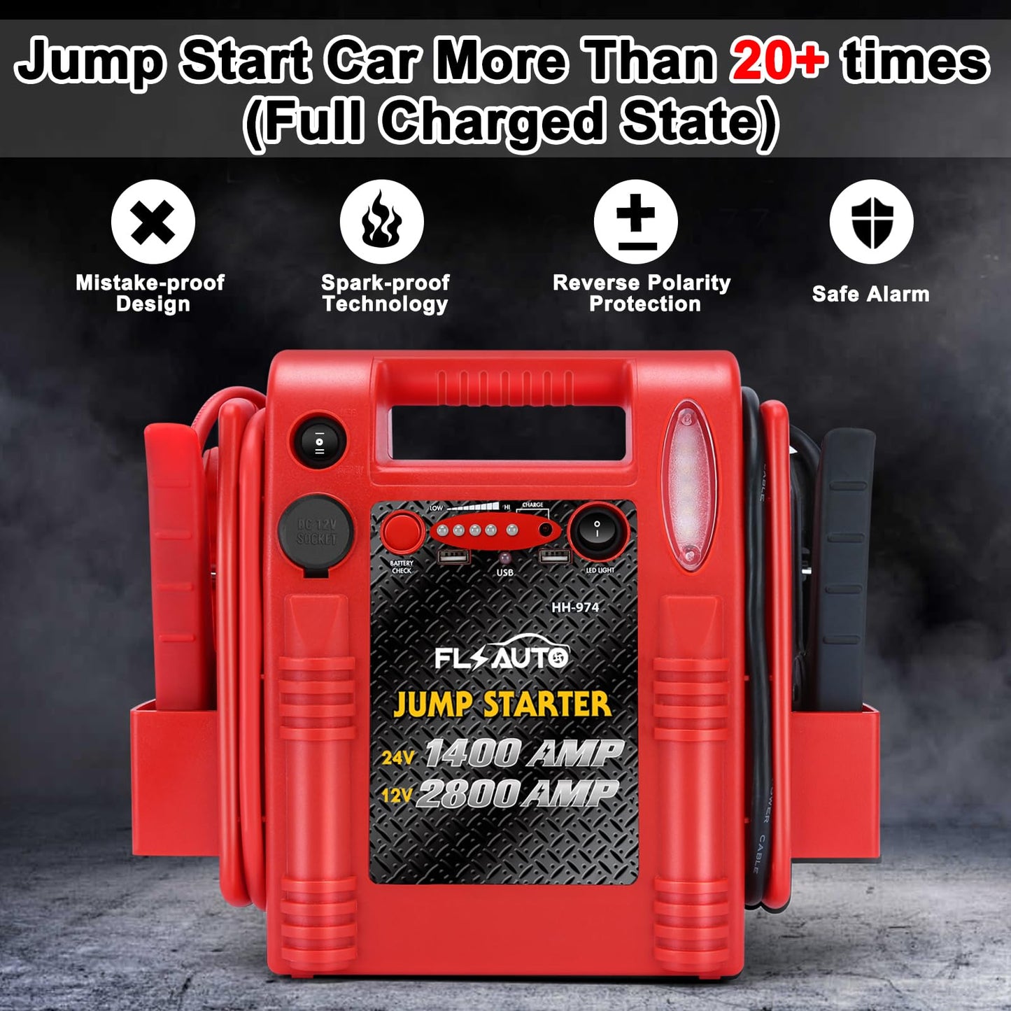 Car Battery Jump Starter - FlyAuto 2800/1400 Amp 12V 24V Heavy Duty Jump Box, Works with Truck Tractor Excavator Automotive Engine Starter Battery Charger Booster Jumper Box with USB/DC Power Unit