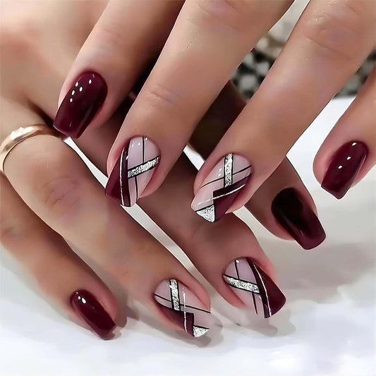 RUOKEXIN Acrylic Press on Nails, 24 Pcs Medium Square Fake Nails with Glue, Wine Red Designs, Glitter Lines, Holiday Nails