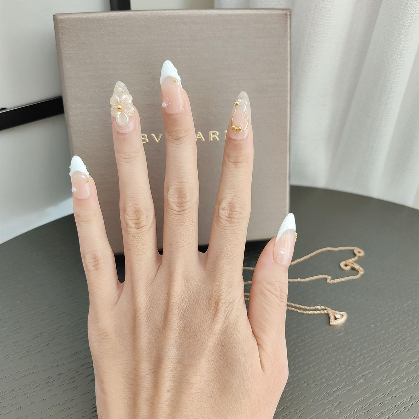 10Pcs Medium Almond Handmade Press On Nails | Easy Apply & Remove, Reusable Salon Quality Nails | Elegant Nude Fake Nails with 3D Floral, Wave French Tip & Pearl Gold Bead Accents(5U13, S)