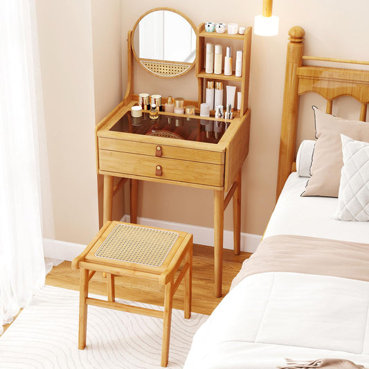CHARMAID Small Bamboo Vanity Desk with Mirror and Stool, Glass Top Makeup Vanity Table with Storage Drawers, Shelves & Deep Tabletop Groove, Compact Dressing Table for Bedroom Small Spaces, 23.5" W