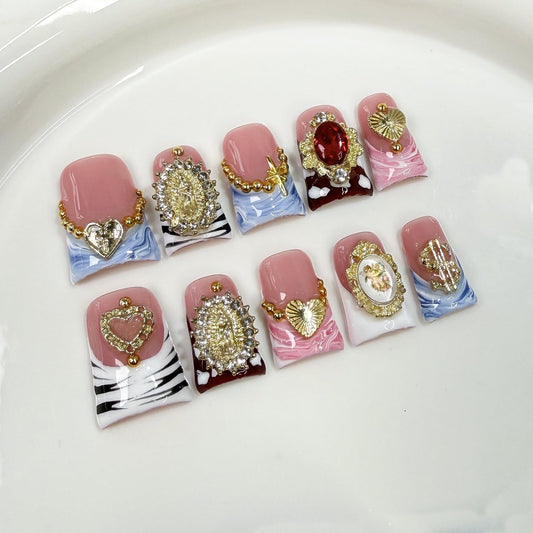Handmade French Tip Press on Nails Short Duck 3D Thick Acrylic Nails Baroque False Nails with Rhinestones Oil Painting Designs Luxury Royal Fake Nail Sturdy Art Press on Nail 10Pcs(M)