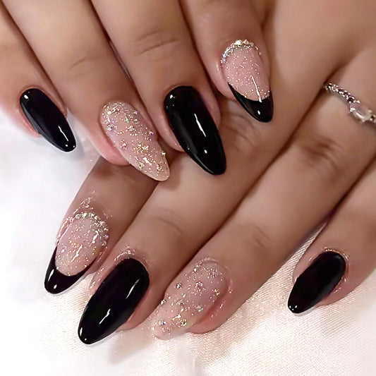 24Pcs Black French Tip Press on Nails - Medium Almond Fake Nails with 3D Rhinestone Designs Black False Nails Silver Glitter Acrylic Stick on Nail Nude Glossy Full Cover Gel Artificial Nail for Women