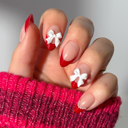 Glamnetic Press On Nails - Ruby Ribbons | Short Almond Fake Nails with Red French Tips & 3D Bows in a Glossy Finish, Salon Quality | 15 Sizes - 30 Nail Kit with Glue