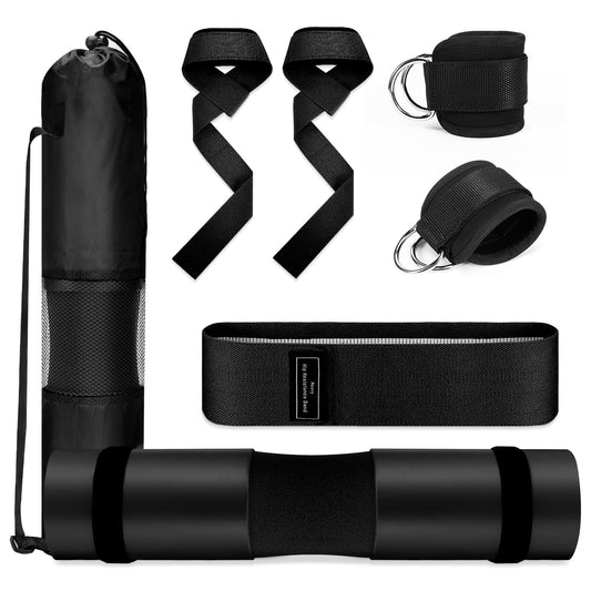 Turakun Gym Barbell Pad Set: Hip Thrusts Pad for Squats Ankle Strap for Cable Machine Hip Resistance Band Weight Lifting Strap and Carry Bag Gym Equipment Accessories, Black