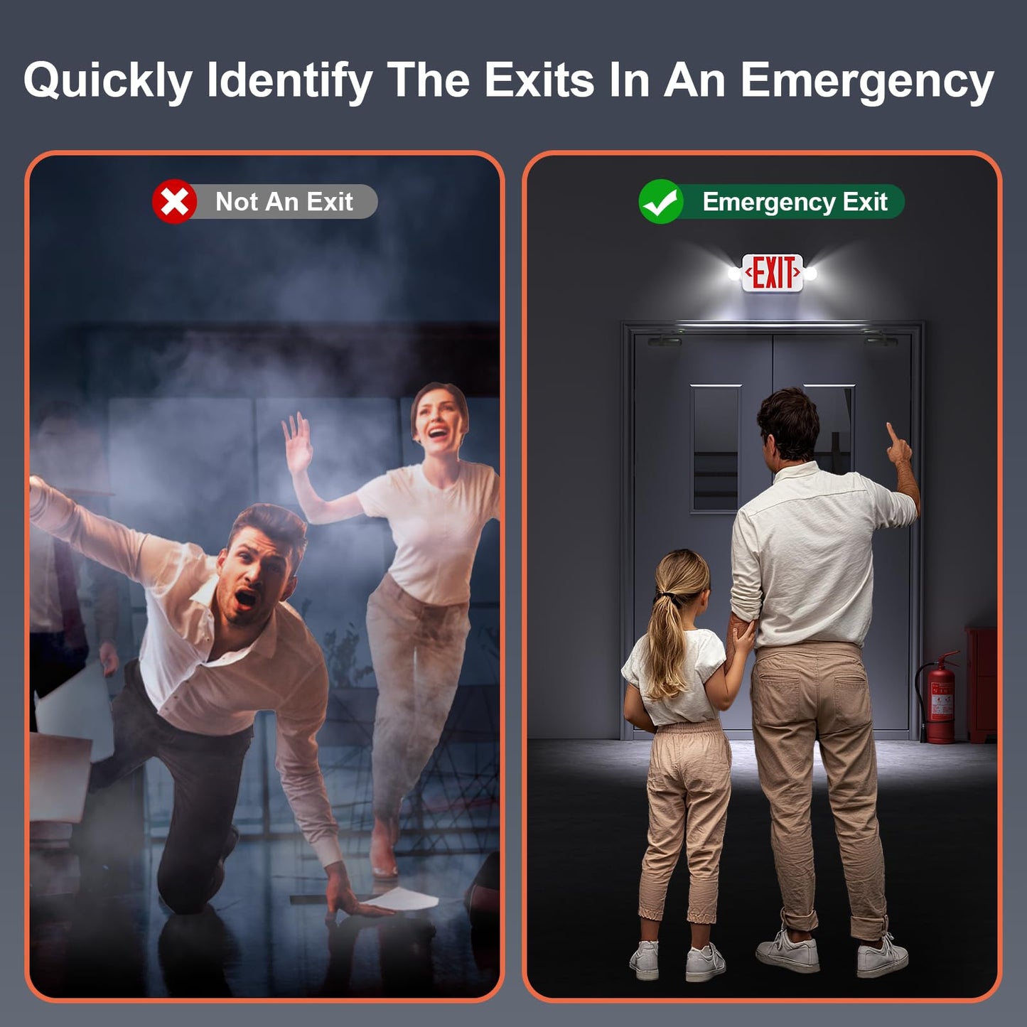 SASELUX Led Exit Sign Emergency Light Combo Adjustable Two Head,Double Sided and Battery Backup Exit Light,Red Letter Hardwired Emergency Exit Sign,AC 120/277V,UL Listed,Ceiling&Wall Mount (1 Pack)