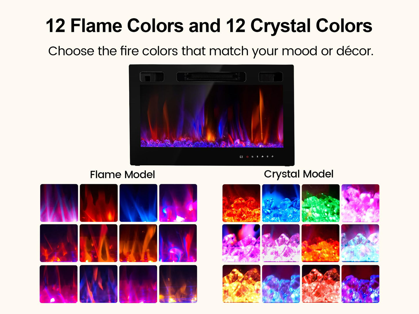 Electric Fireplace Insert 36" Realsmart 1500W Wall Mounted Fireplaces Recessed Heaters Remote Control Slim Black Fireplace Touch Screen Timer 12 Flame Colors LED Decor Low Noise
