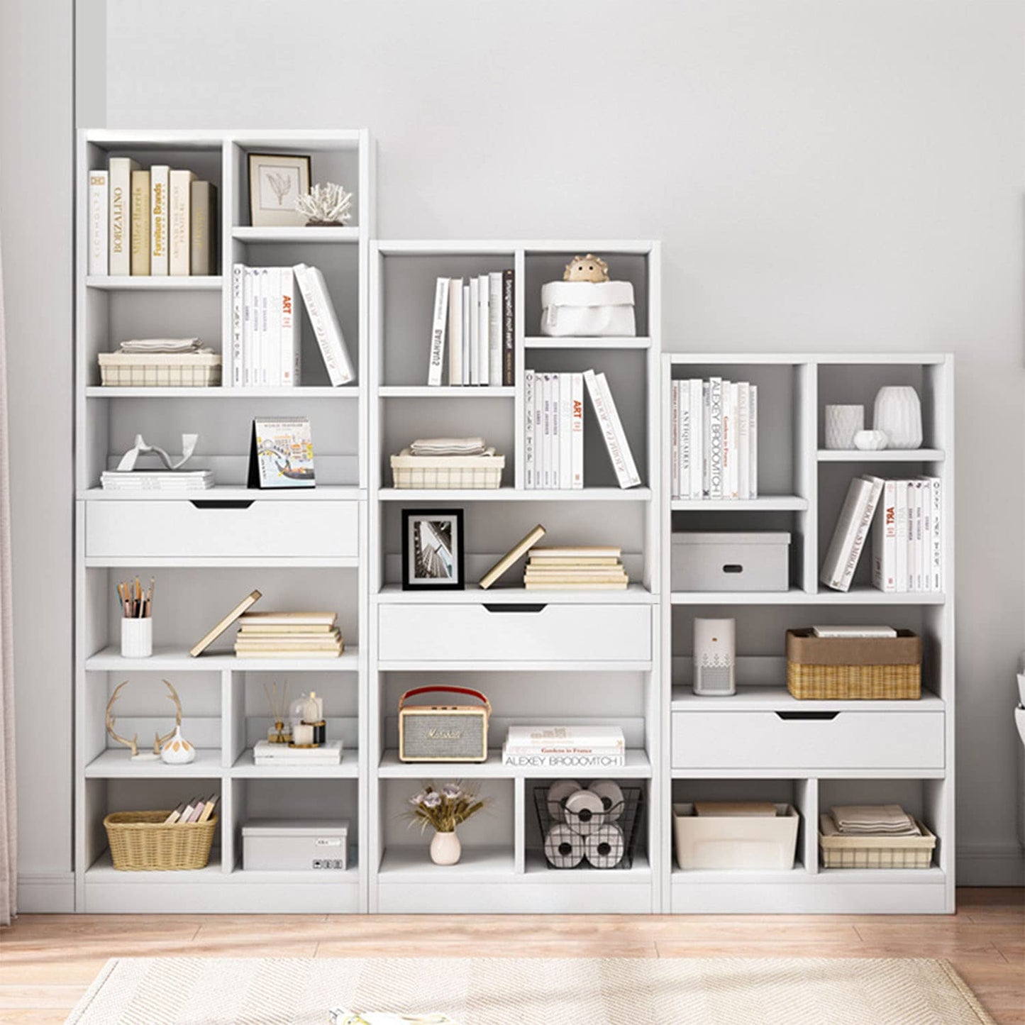 IOTXY Wooden Open Shelf Bookcase - 51 Inches Height Freestanding Display Storage Cabinet Organizer with 7 Cubes and a Drawer, Floor Standing Bookshelf in Warm White