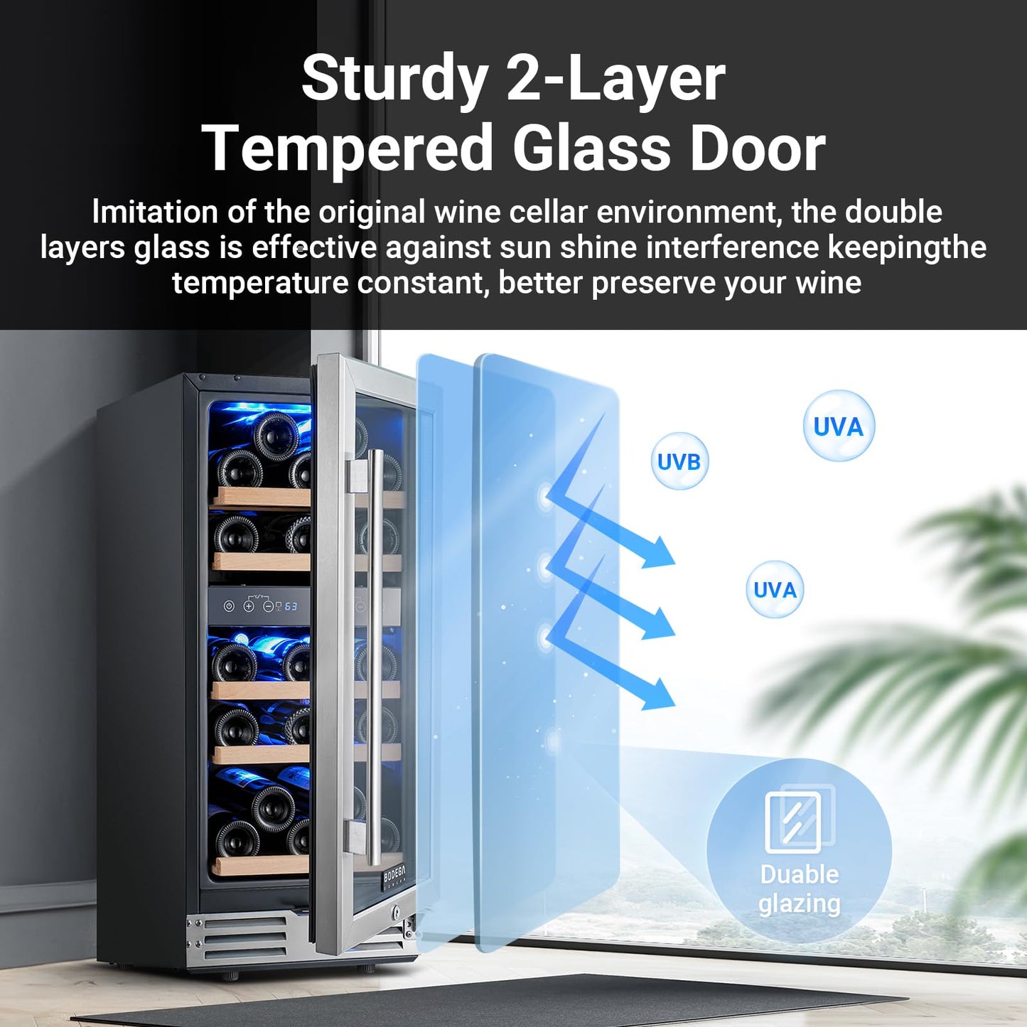 BODEGA 15 Inch Dual Zone Wine Fridge, 30 Bottle, Black 15” Wine Cooler Under Counter For Home and Kitchen, With Double-Layer Glass Door, Wine Refrigerators Free standing with Temperature Control.