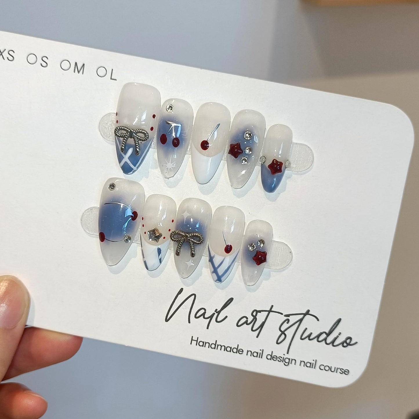 TENPAL Light Blue White French Press on Nails Medium Almond with 3D Charms Bow Rhinestone Cherry,10Pcs Sweet Girls Summer with Full Kit(L)