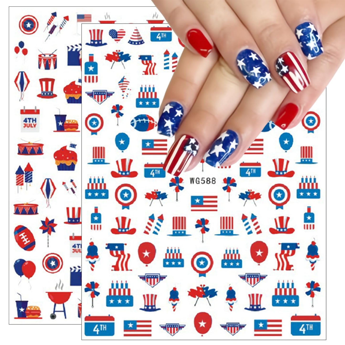 8Sheets 4th of July Nail Art Stickers American Independence Day Nail Design Decals，3D Self-Adhesive Nail Decals Balloon Heart Designs American Flag Nail Decorations for Women Girls Manicure Stickers