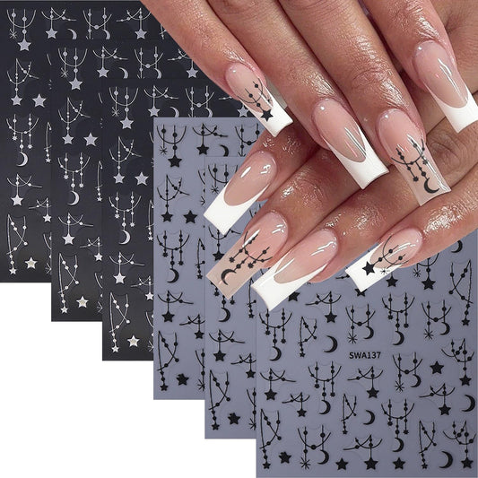 6 Sheets Star Nail Stickers 3D Self-Adhesive Silver Meteor Moon Nail Decals Black Chain Moon Star Nail Design Celestial Nail Art Stickers for Women Decoration Manicure Supplies