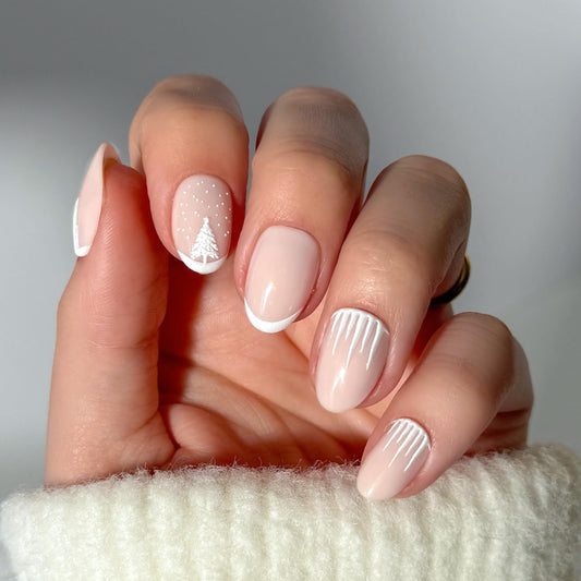 Glamnetic Press On Nails – Winter’s Tale | Short Oval Fake Nails with White French Tips, 3D Tree & Snow Design, Glossy Finish, Salon Quality Winter Nails | 15 Sizes, 30 Nail Kit with Glue