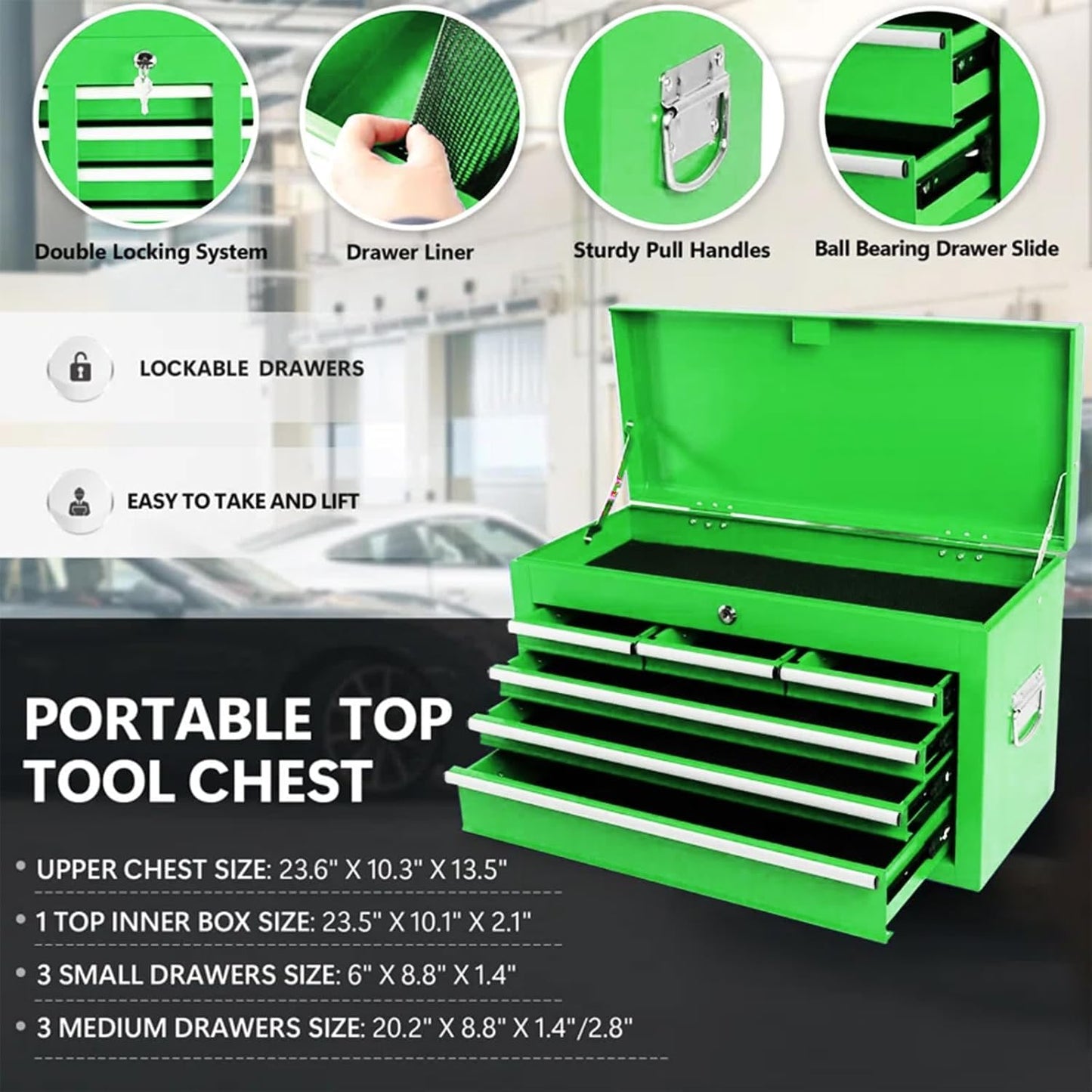 PLENTORA 8 Drawers Rolling Tool Chest - Tool Box Organizer with Wheels and Drawers, Detachable Storage Cabinet with Lock for Garage Workshop, Green