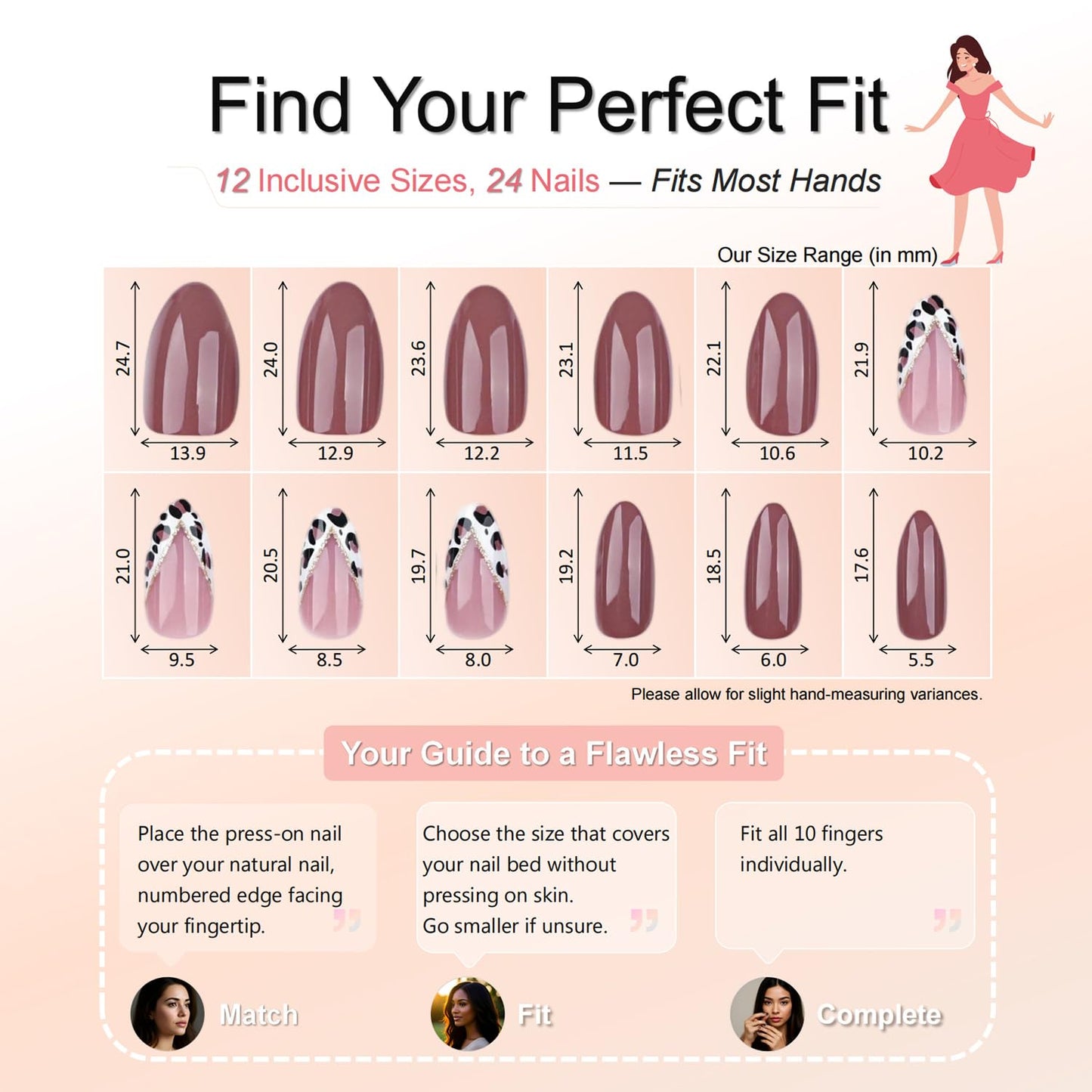 Press On Nails Medium Almond, Glossy Brown Pink Fake Nails with Leopard French Tip Design, Elegant Trendy False Nails for Women, 24PCS Reusable Nail Set