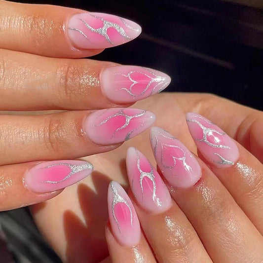 MERVF Press on Nails Medium Almond, Pink Gradient Fake Nails Heart Flame Glitter Design Glue ons Goth Acrylic Nail Glossy 24pcs