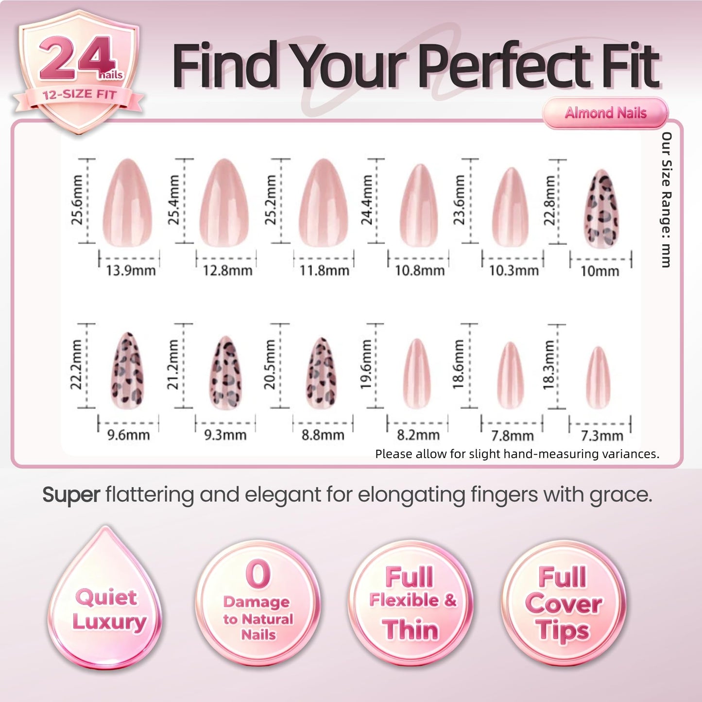 Taoyisent Glossy Pink Leopard Press-On Nails Almond Shape, Nude Blush False Nails with Animal Print Design, Medium Length Stick On Nails for Women, Reusable Acrylic Nails Kit 24PCS